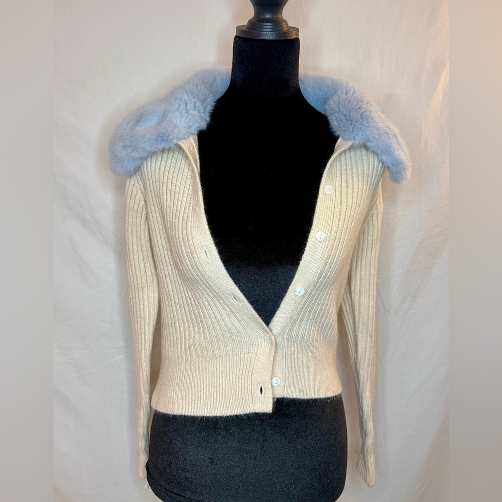 Zara Cream Cardigan with Blue Faux Fur Collar